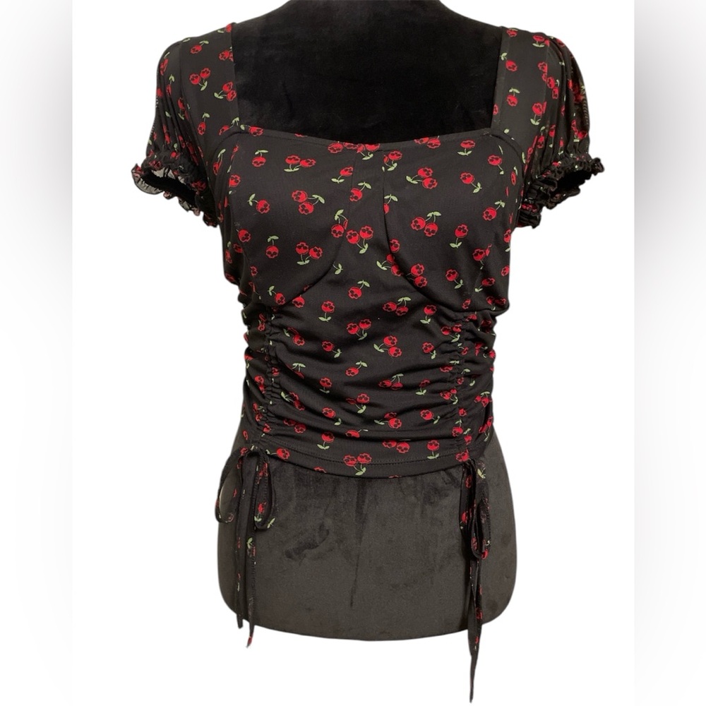 Social Collision, Sheer Black Crop with Cherry Skeletons, Size S